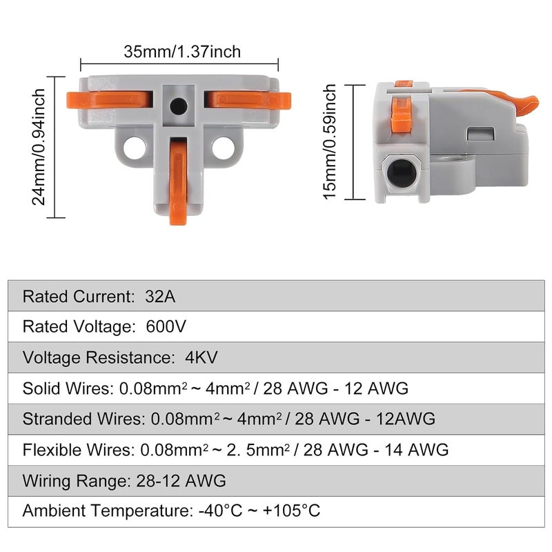 Meimom 10Pcs Compact Wire Conductor Connector, T-Shape Lever Nut Wire Connector, Quick Splitter 3 Way Electrical Connectors, AWG 28-12 - Image 2
